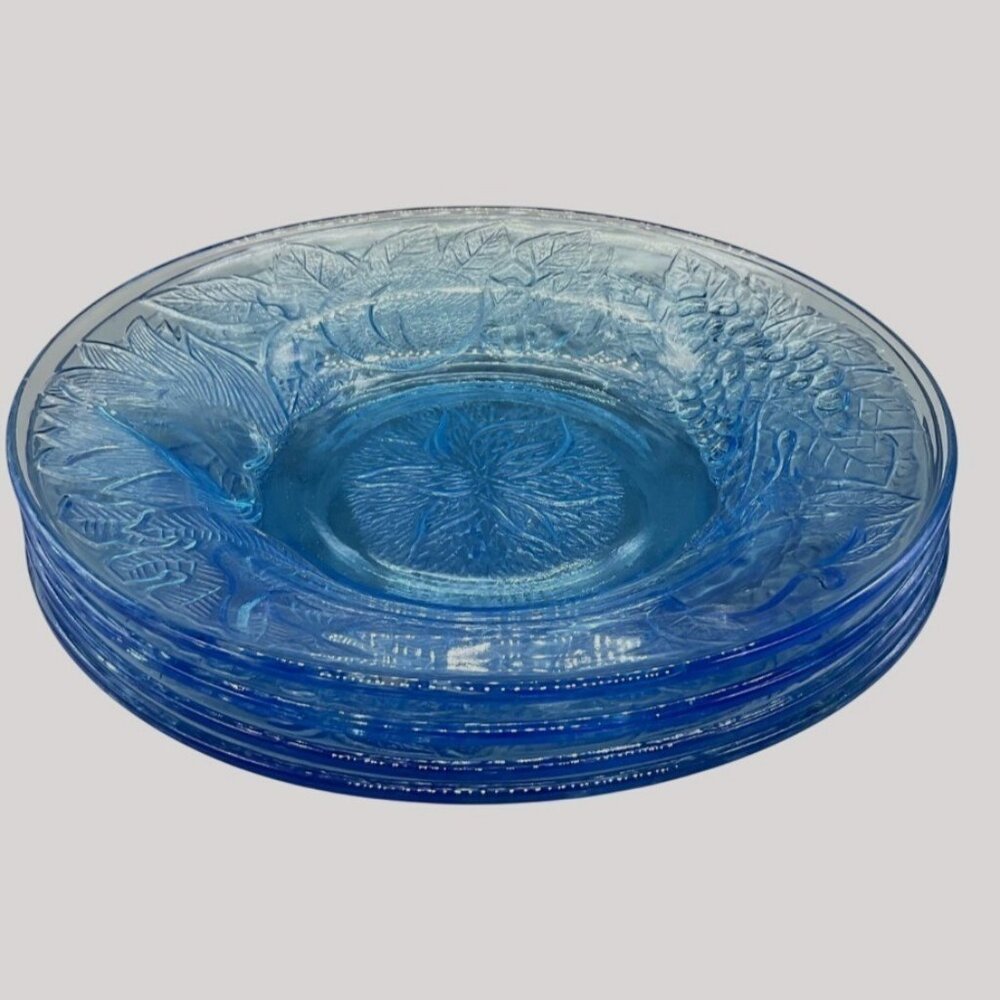 KIG Ice Blue Glass Plates Set Of 4 VTG Fruit Embossed Decorative Trinket Dish